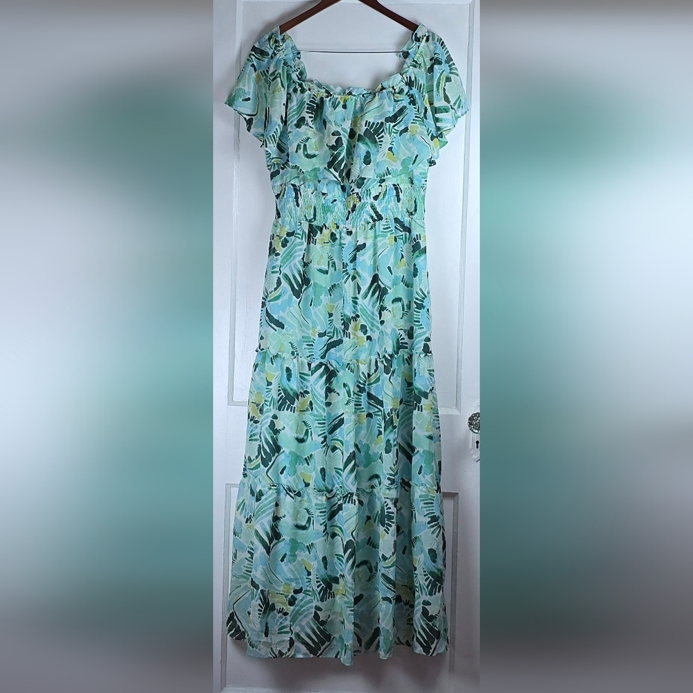 Rabbit Rabbit Rabbit Aqua Tropical Floral Ruffled Maxi Dress Size 16